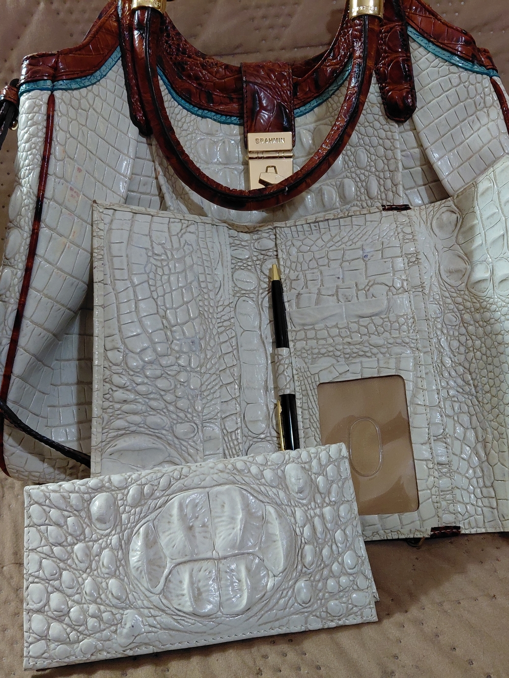 Brahmin White Croc-Embossed Tote with Brown Trim and Wallet - Picture 2 of 9